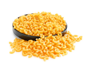 Plate of raw elbow pasta isolated on white background