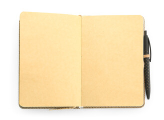 Open notebook with pen isolated on white background