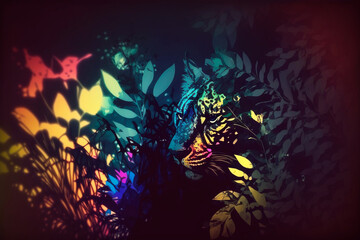 Ilustración colorida dibujada de felino en la jungla, generative ai. - obrazy, fototapety, plakaty