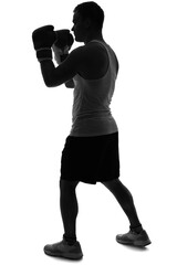 Fototapeta na wymiar Silhouette of sporty young man in boxing gloves on white background