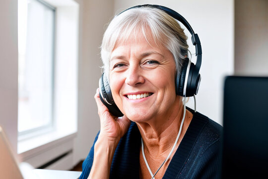 60 Year Old European Woman, Senior, Working From Home In Front Of A Laptop, Smiling, Happy, Generative Ai, Being On Call With Her Team