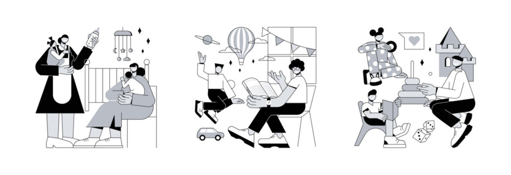 Childcare services abstract concept vector illustration set. Infant daycare center, in-home daycare, kindergarten, early kid development, nursery home, toddler early education abstract metaphor.