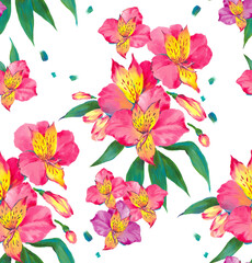 Picturesque bright seamless floral pattern red pink tropical painted in oil with large strokes for wallpapers, textiles, cards, posters, prints on a white background.