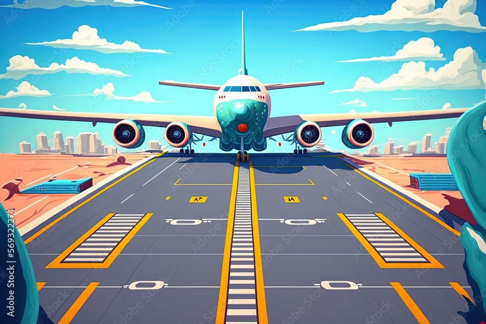 Poster back view of an airport with an airplane centered on the rudder track. generative ai