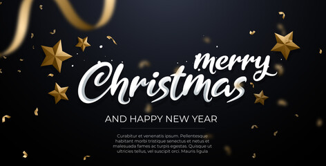 Merry Shristmass sale banner template, poster, greeing card, new year discount, black background, golden ribbon, gift box
