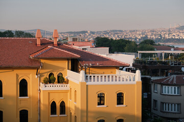Beautiful view of waterfront rooftops at sunset in Istanbul, Turkey