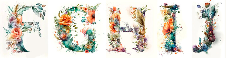 Alphabet, floral set letters with watercolor painting flowers roses and leaves. Isolated monogram initials perfectly for wedding invitations, greeting card, logo, poster. 