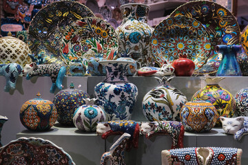 Traditional Turkish pottery and porcelain in a shop in Istanbul, Turkey