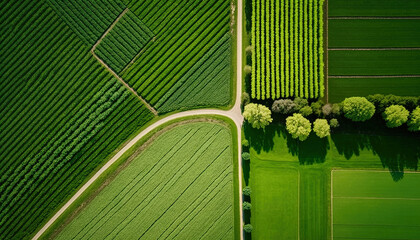 Generative AI, Farm landscape, agricultural fields, beautiful countryside, country road. Nature Illustration, photorealistic top view drone, horizontal banner.
