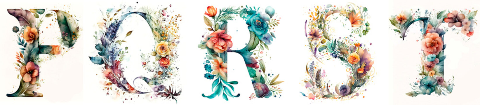 Alphabet, floral set letters with watercolor painting flowers roses and leaves. Isolated monogram initials perfectly for wedding invitations, greeting card, logo, poster.