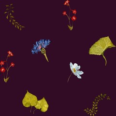 Flower red blue lianas violet watercolor pattern 