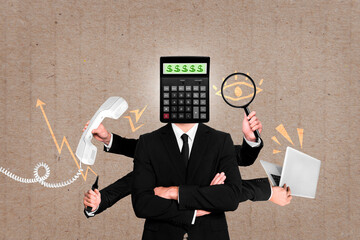 Creative photo 3d collage artwork illustration of headless man calculator instead of head hands...