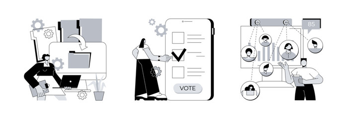 Digitalization abstract concept vector illustration set. Digital transformation, electronic voting, people counter system, paperless workflow, internet ballot, retail traffic report abstract metaphor.