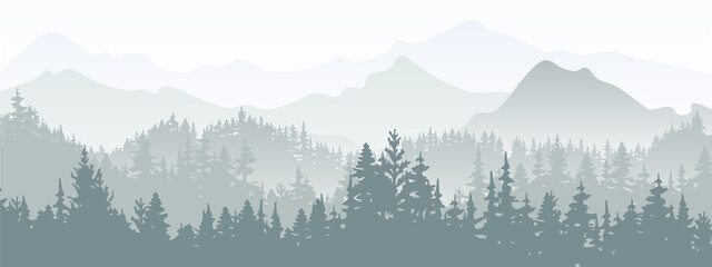 Horizontal banner. Magical misty landscape. Silhouette of forest and mountains, fog. Nature background. Gray and white illustration. ​Bookmark.