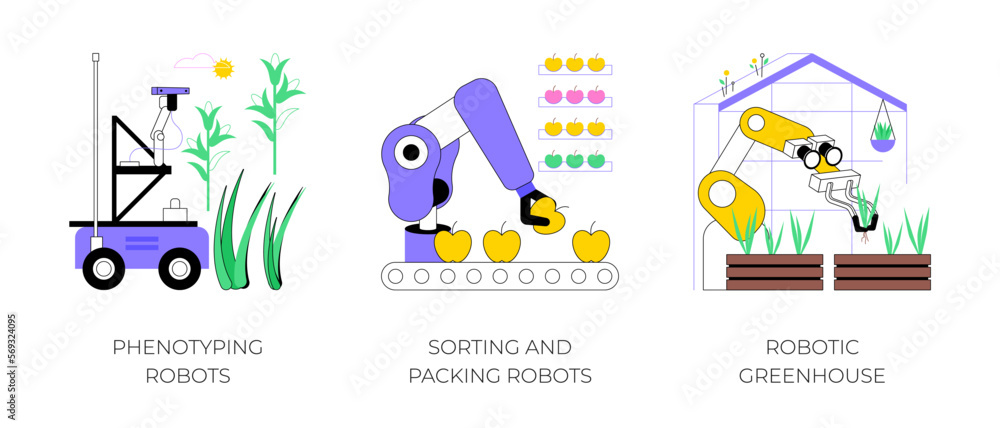 Poster automation in agriculture isolated cartoon vector illustrations set. phenotyping robots in farming i