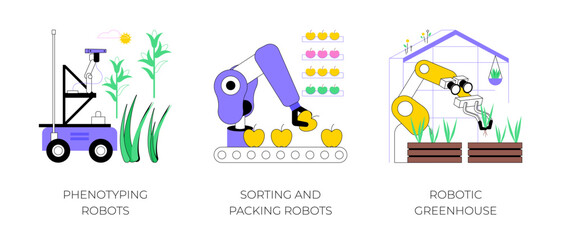 Automation in agriculture isolated cartoon vector illustrations set. Phenotyping robots in farming industry, sorting and packing robots, robotic greenhouse smart cultivation process vector cartoon.