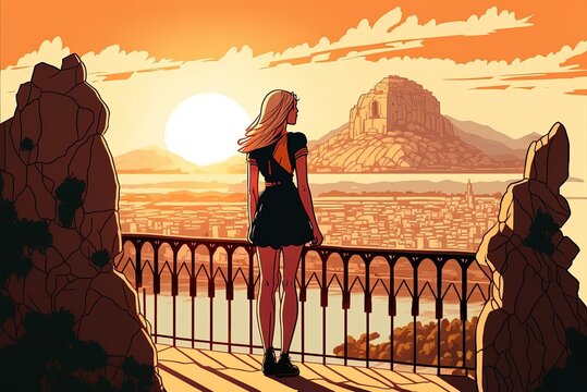 At sunset in Valencia, Spain, a lady may be seen standing on the garbi viewpoint. Generative AI