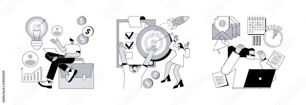 Poster project lifecycle abstract concept vector illustration set. project initiation and closure, deadline