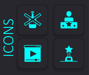 Set Movie trophy, No alcohol, Actor star and Online play video icon. Black square button. Vector