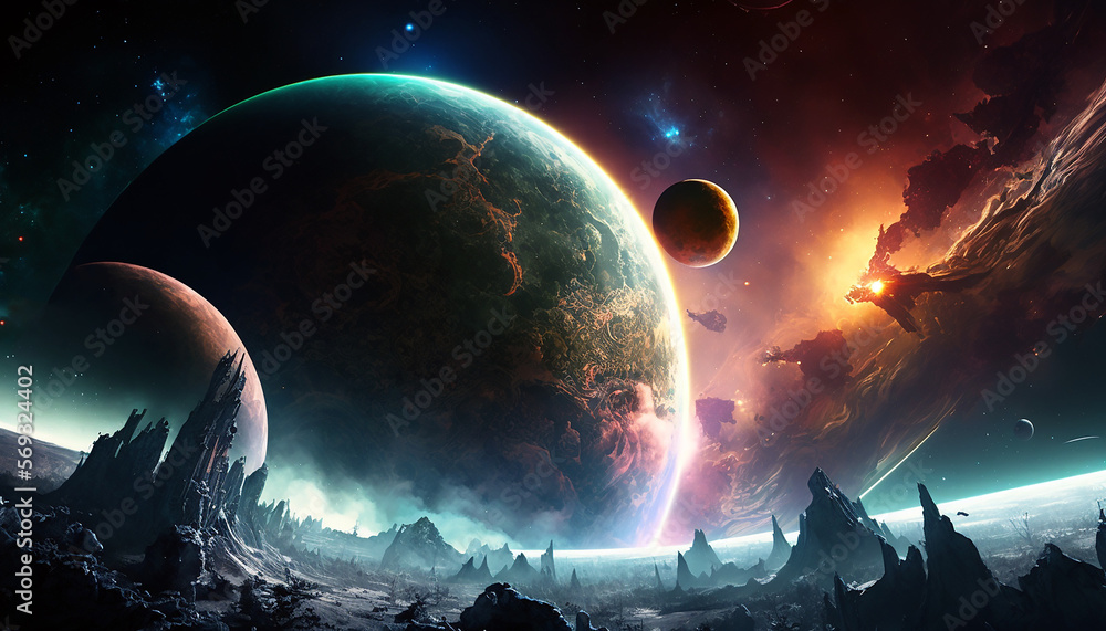 Wall mural colorful planet in space with moons and galactic nebula. space wallpaper acryl background created wi