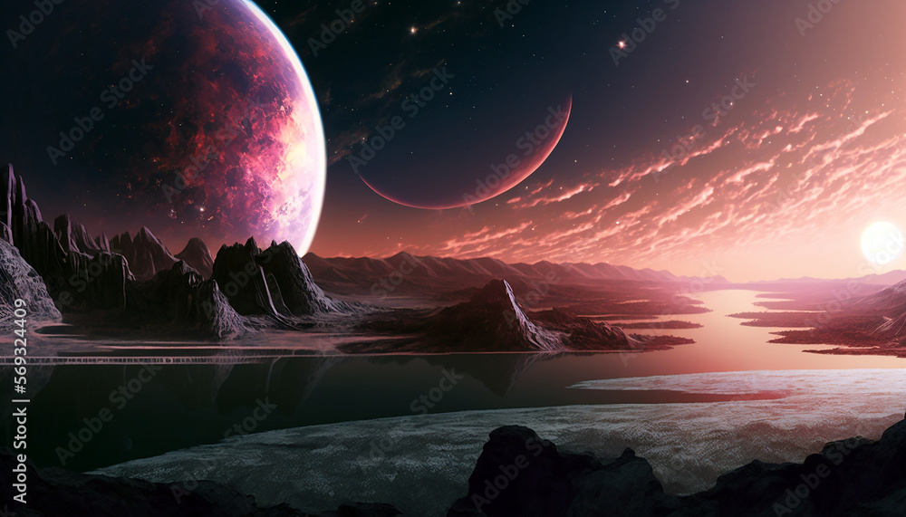 Wall mural colorful planet in space with moons and galactic nebula. space wallpaper acryl background created wi