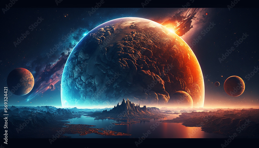Wall mural colorful planet in space with moons and galactic nebula. space wallpaper acryl background created wi