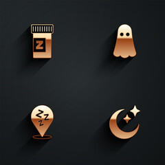 Set Sleeping pill, Ghost, Sleepy and Moon and stars icon with long shadow. Vector