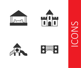 Set Playground kids bridge, Sandbox with sand, Slide playground and castle icon. Vector