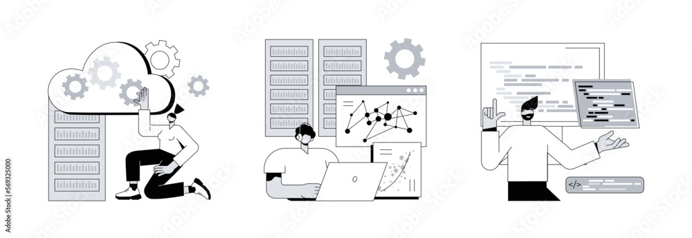 Poster information storage infrastructure abstract concept vector illustration set. big data architecture, 