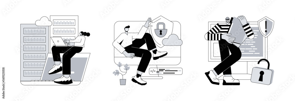 Poster internet privacy abstract concept vector illustration set. data center, data privacy and leakage, co