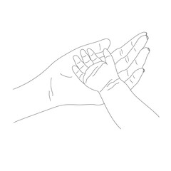 contour of Mother and Child's Hands in Line Art style, the concept of maternal protection and parental care isolated on a white background