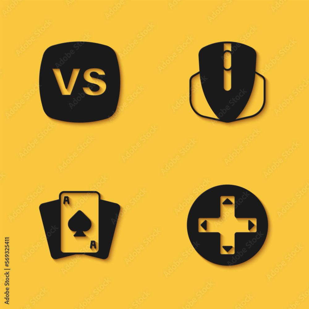 Poster set vs versus battle, game controller or joystick, playing cards and computer mouse icon with long s