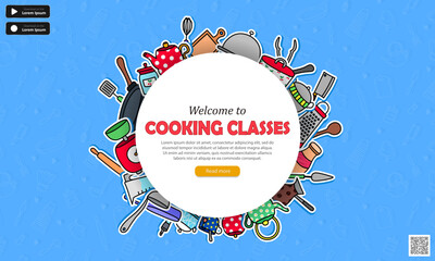Template of web banner with blue seamless pattern, cartoon kitchenware, qr code, buttons and text - Welcome to cooking classes. Wallpaper with culinary courses advertising for website or mobile app