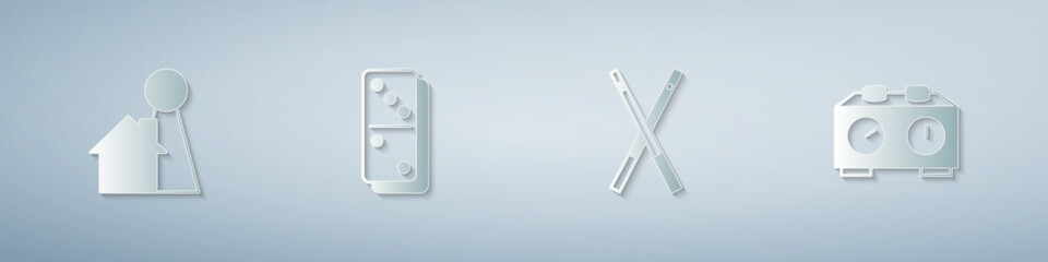Set Chip for board game, Domino, Crossed billiard cues and Time chess clock. Paper art style. Vector