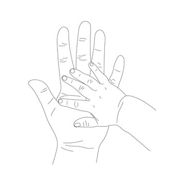 contour of Mother and Child's Hands in Line Art style, the concept of maternal protection and parental care isolated on a white background