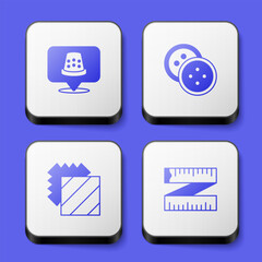 Set Thimble for sewing, Sewing button clothes, Layers clothing textile and Tape measure icon. White square button. Vector