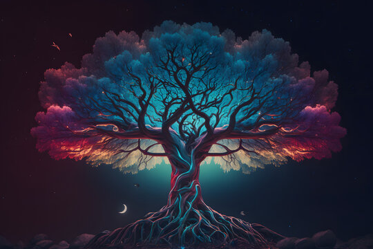 Colorful Yggdrasil Viking Tree Of Life.  3D Rendering Of Yggdrasil With Aurora Polar Lights. Generative AI