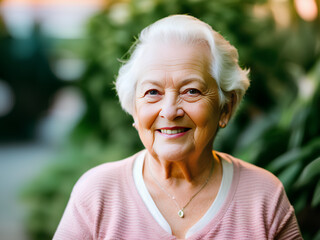 Portrait of smiling senior woman with gray hair and pink blouse blurred green plant in the background, Generative AI