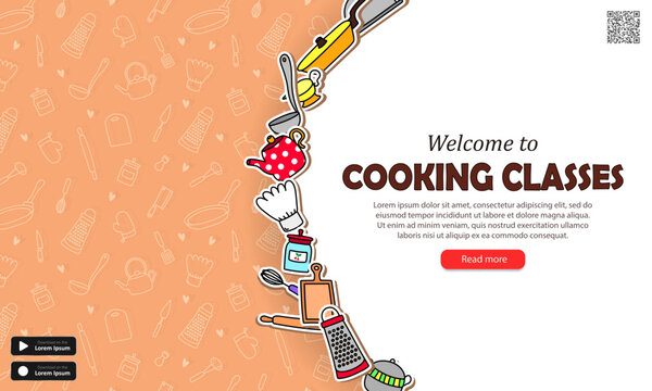 Template of web banner with beige seamless pattern, cartoon kitchenware, qr code, buttons and text - Welcome to cooking classes. Wallpaper with culinary courses advertising for website or mobile app