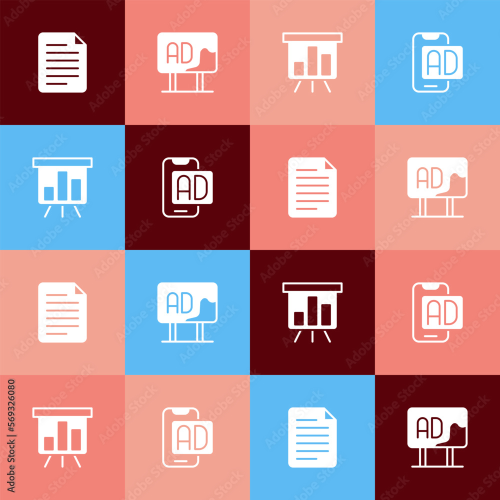 Poster Set pop art File document, Advertising, Board with graph chart and icon. Vector