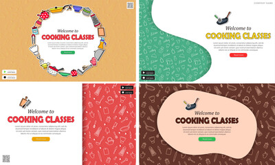 Collection of various posters with culinary courses advertising. Web banners with invitation to cooking classes. Colorful kitchen wallpapers with food preparation info for mobile app or website