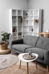 Stylish interior of living room with grey sofa, table and wicker pouf