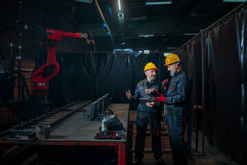 Engineers programming robotic welder.