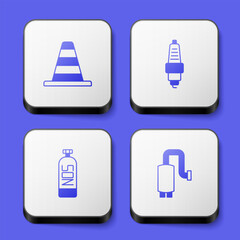 Set Traffic cone, Car spark plug, Nitrous oxide and muffler icon. White square button. Vector