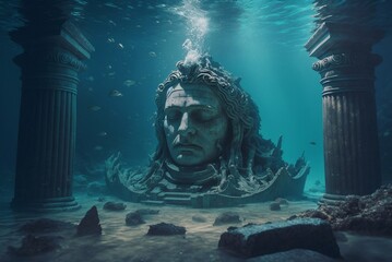 Underwater landscape, ancient sculpture and columns. Generative AI - obrazy, fototapety, plakaty