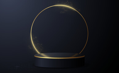Cylinder pedestal podium. Golden elements and black background. Vector rendering 3d shape for products display presentation. Pastel minimal wall scene, Studio room. Empty room background.