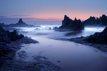 Fototapeta na wymiar paisaje con un embarcadero en el mar y un amanecer frio y azul. Generative AI