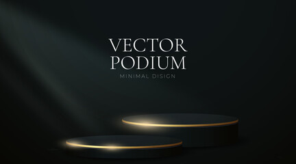 Cylinder pedestal podium. Golden elements and black background. Vector rendering 3d shape for products display presentation. Pastel minimal wall scene, Studio room. Empty room background.