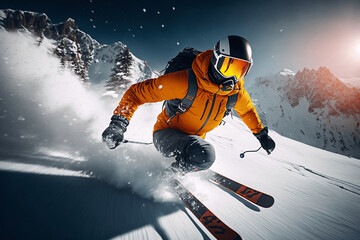 Downhill skier skiing with some considerable speed. AI generated illustration.