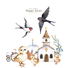 Church watercolor illustration. Holy Easter Day Church watercolor illustration. Holy Easter Day